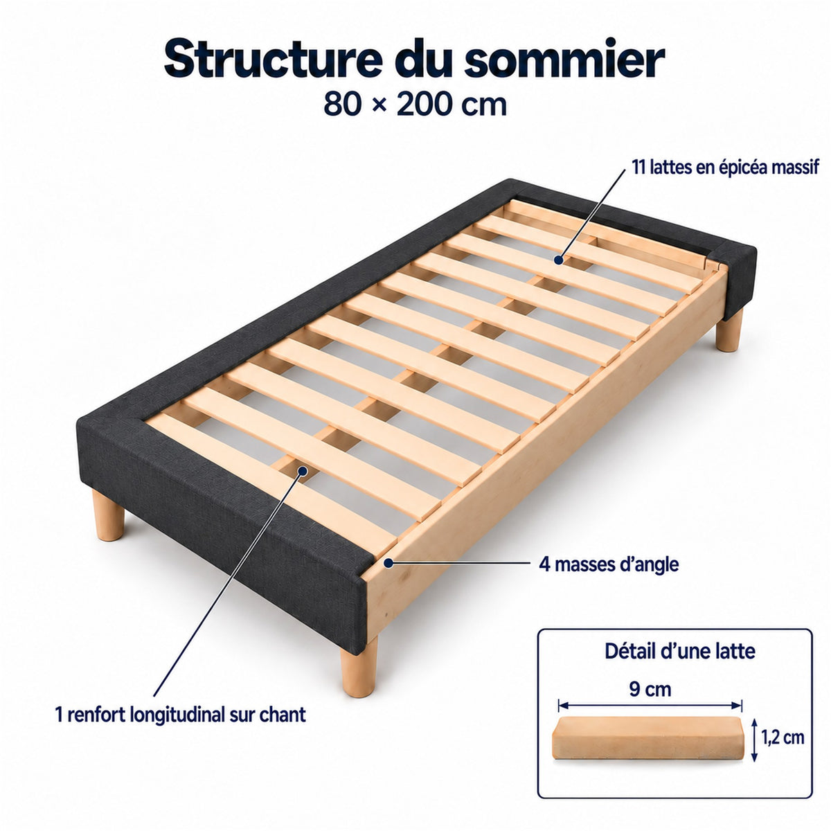 Sommier tapissier déco 80x200 cm Gris - Hauteur 35 cm - Caisse 20 cm - Pieds inclus