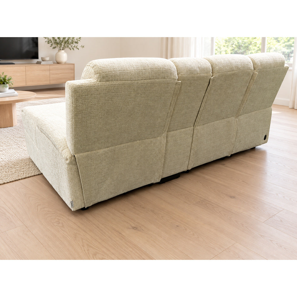 Canapé d’angle droit avec coffre et fonction relax en tissu Cremona beige – Cosmo