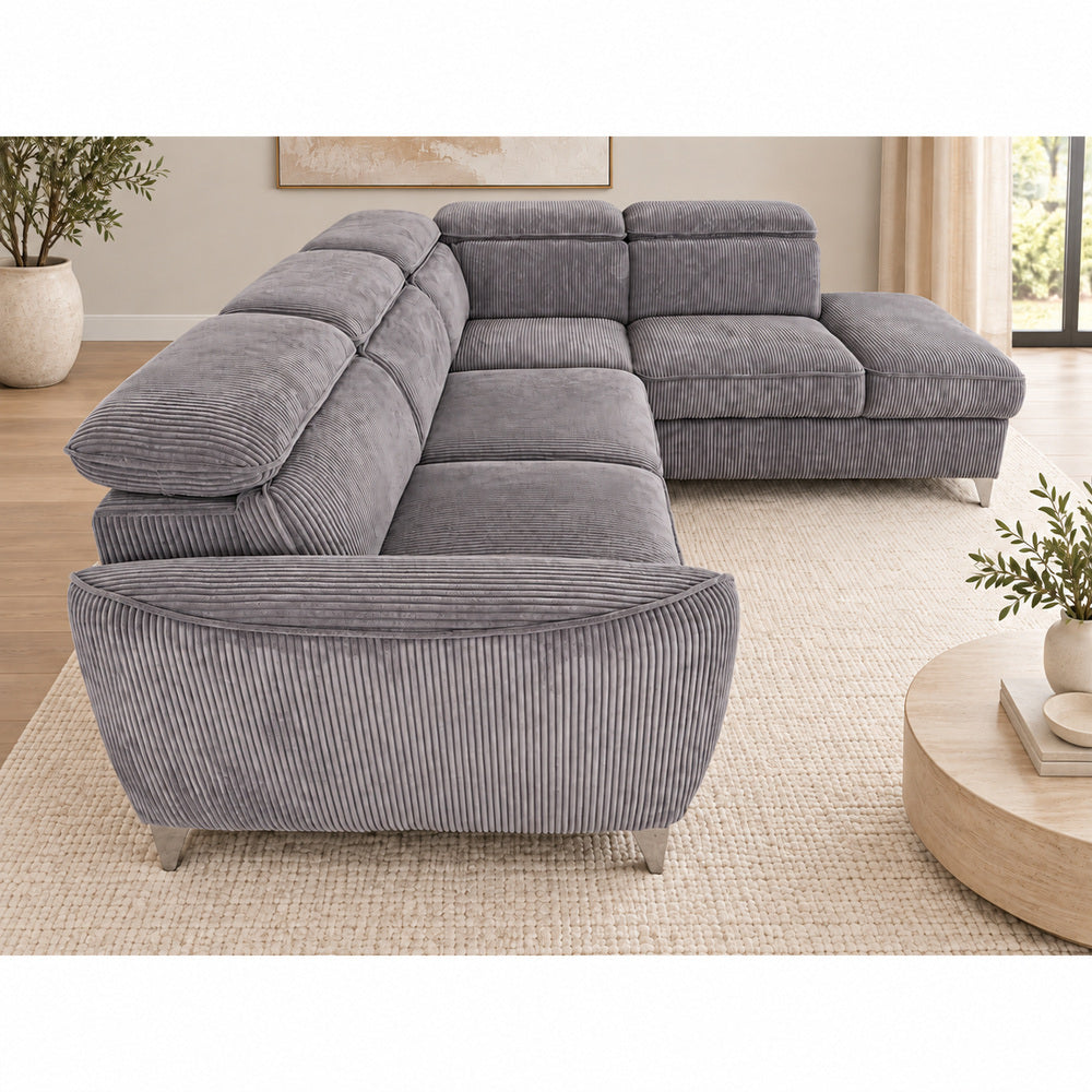 Canapé d’angle droit convertible avec coffre en tissu côtelé gris – Bari