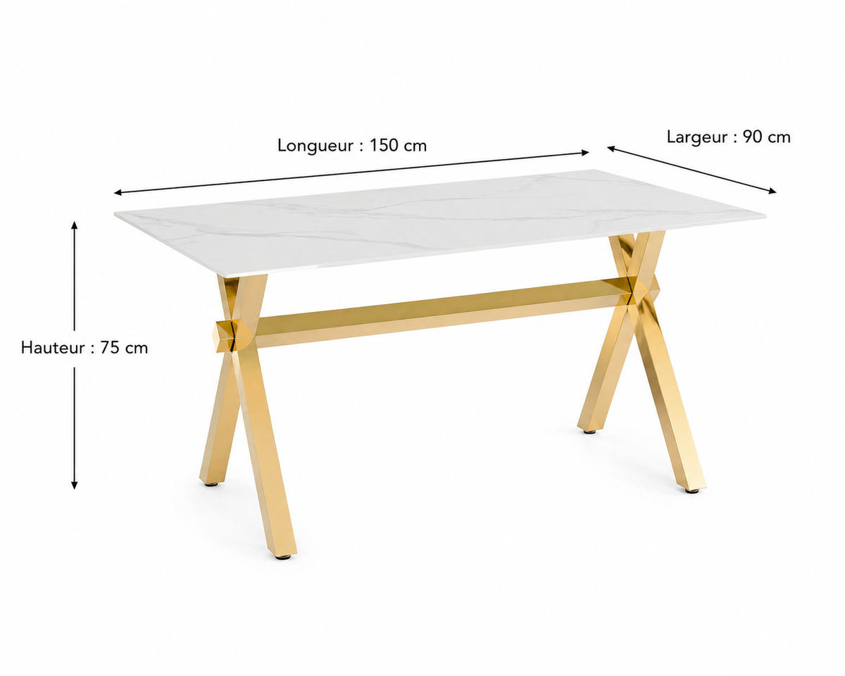 Table Repas IXE – Pied Gold & Verre Trempé – 150x90x75 cm