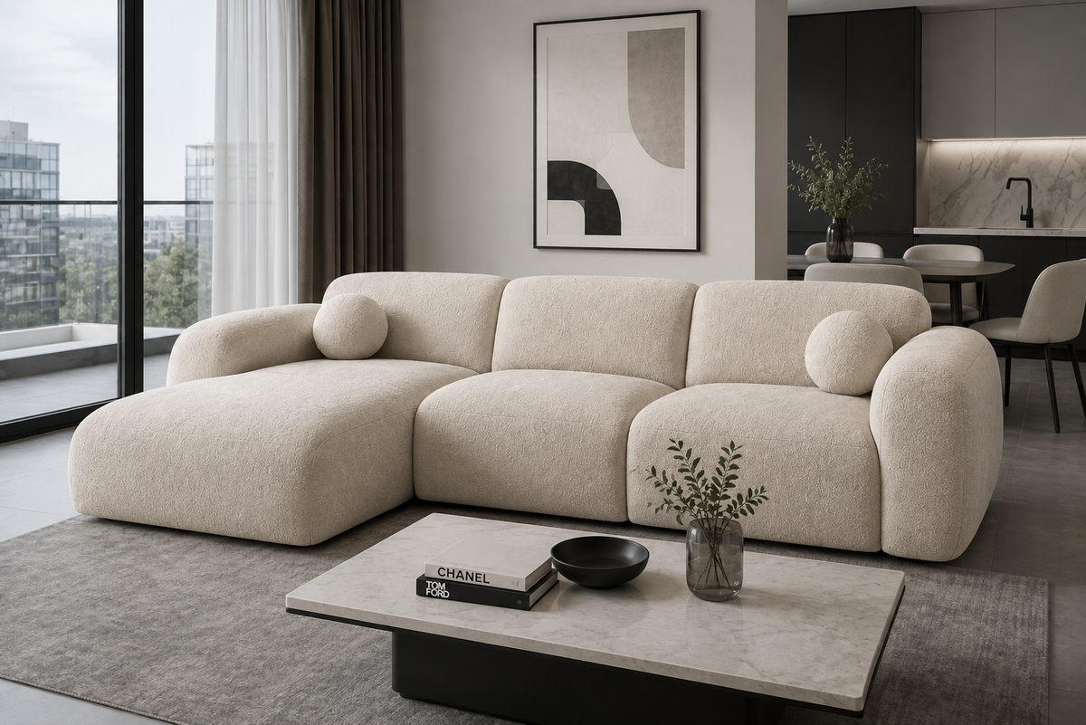 Canapé d’angle arrondi velours beige Cloud Bis - Angle Gauche