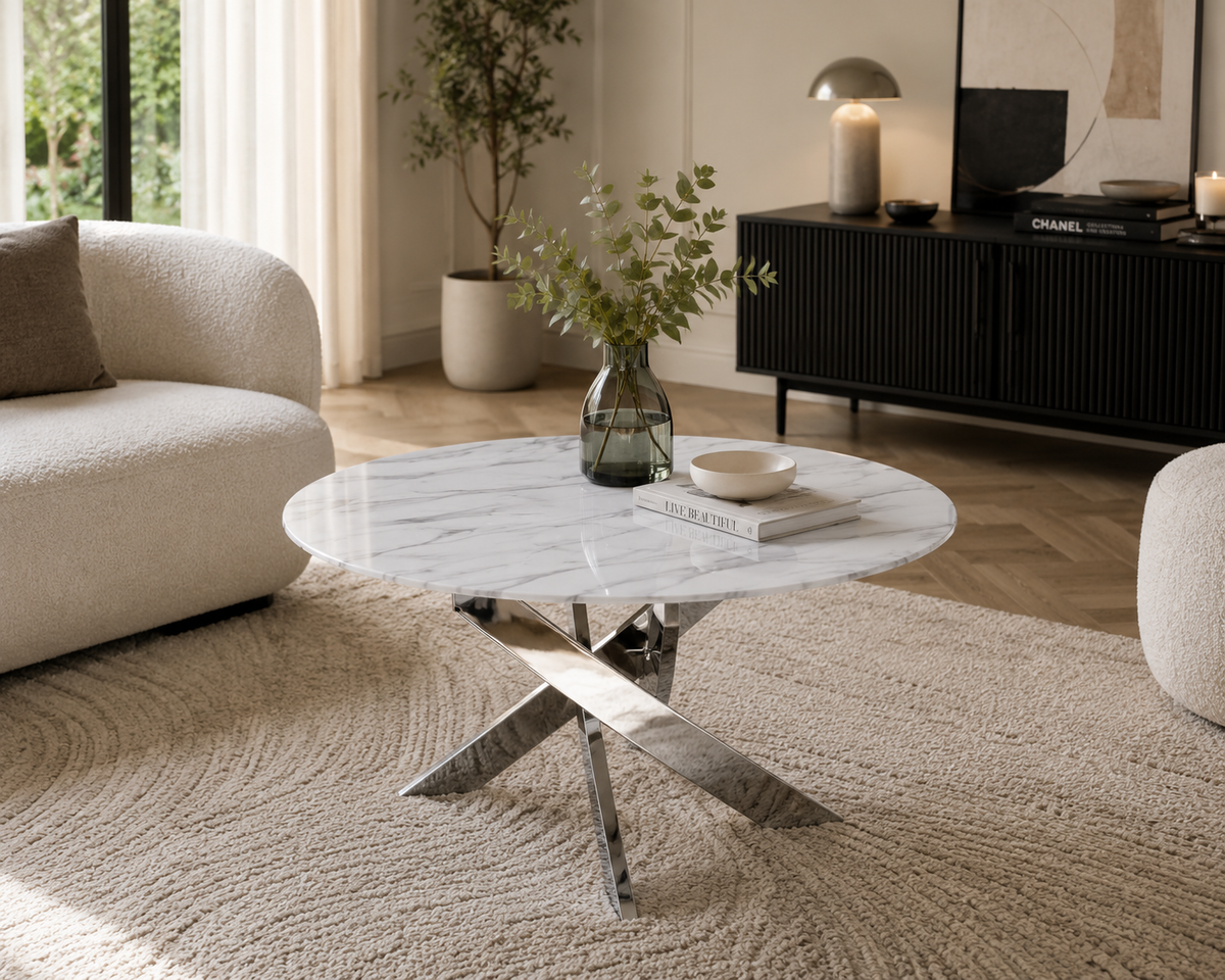 Table basse ronde JESSY pieds chrome et plateau en verre MARBRE BLANC 80 cm