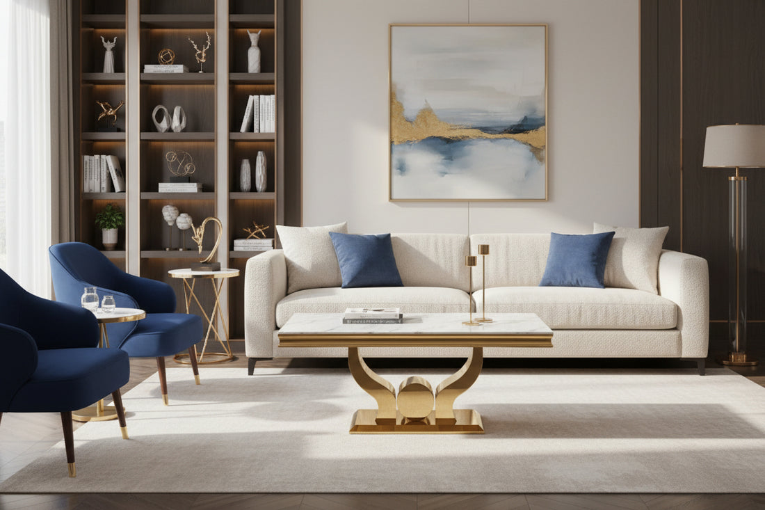 Table Basse Rectangle Verre Trempé Marbré Blanc 120x70cm TROFY