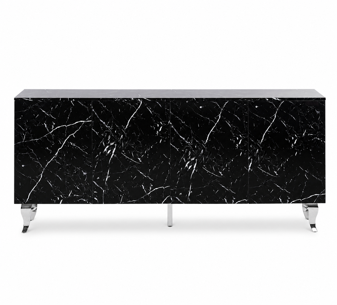 Buffet BAROQUE – Laqué Marbre Noir Pieds Chrome – 4 Portes – 180x40x80 cm