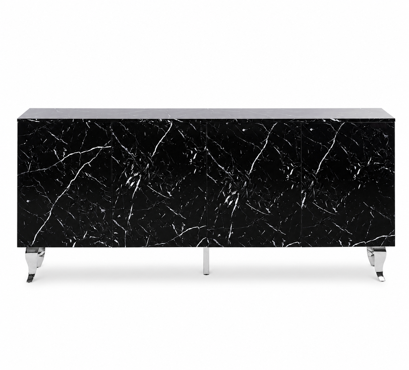 Buffet BAROQUE – Laqué Marbre Noir Pieds Chrome – 4 Portes – 180x40x80 cm