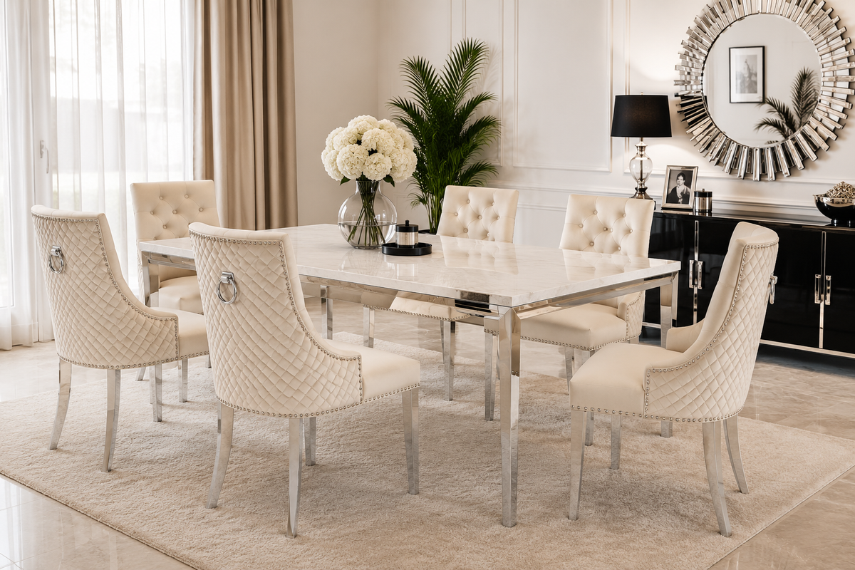 Lot de 2 chaises ANNEAU matelassée et cloutée Chrome velours - Beige