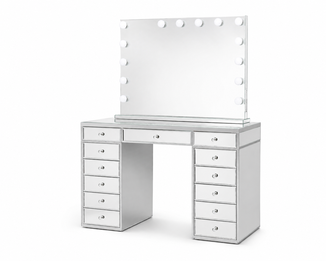 Coiffeuse miroir avec LED et tiroirs - finition miroir 130 cm