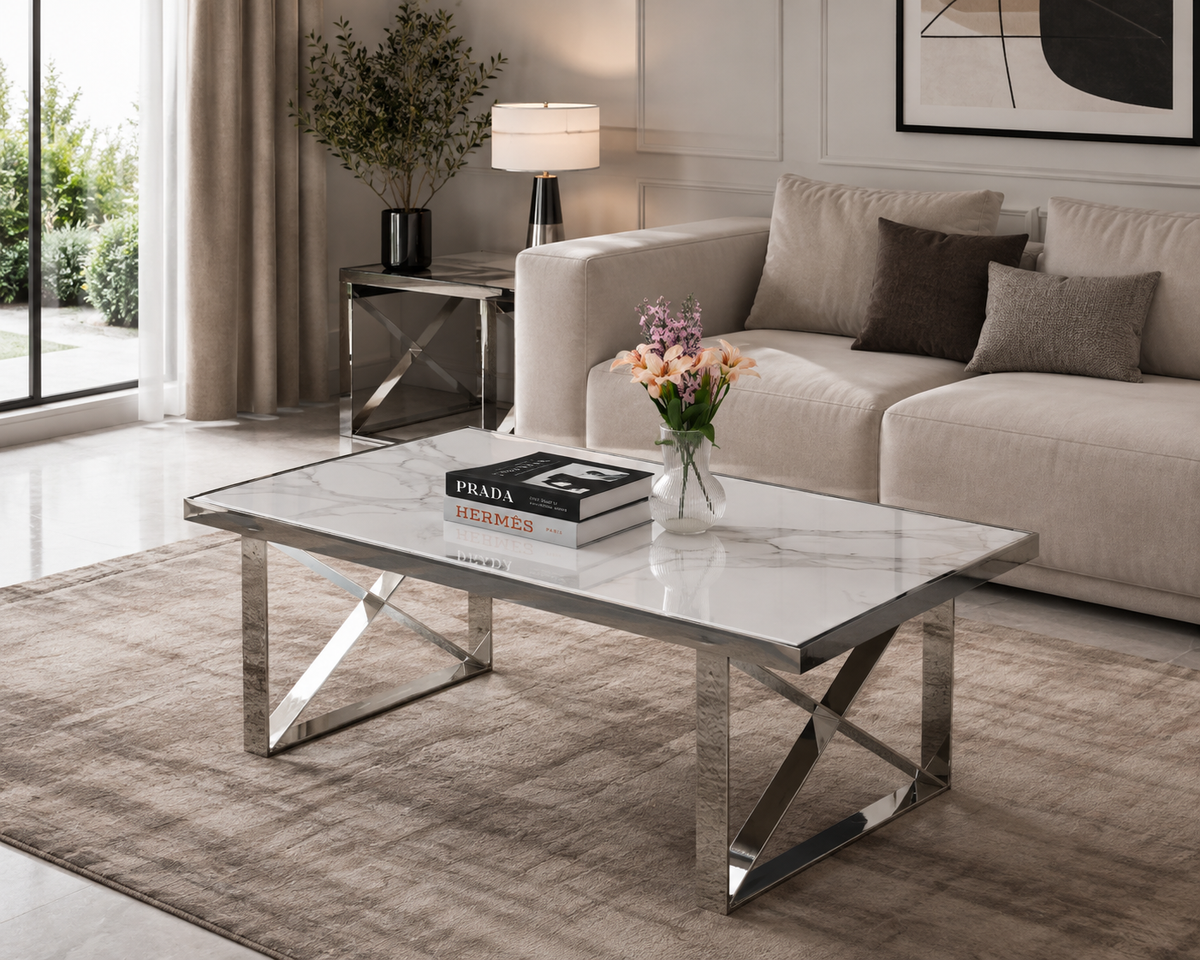 Table Basse LEVANTO – Chrome & Marbre Blanc – 120x60x45 cm