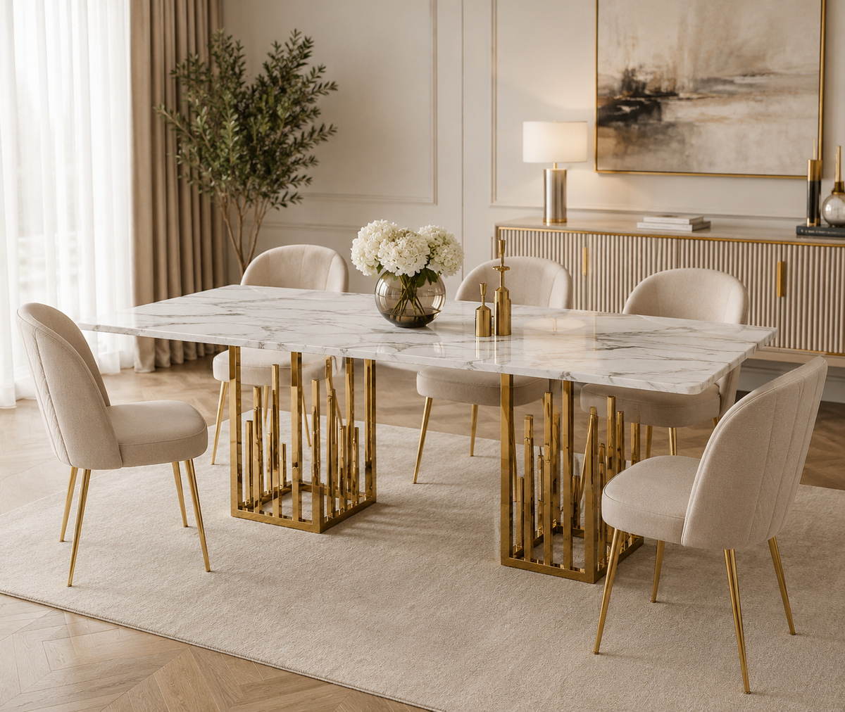 Table à Manger STALAX – Pied Gold & Pierre Marbre Blanc – 180x90x75 cm