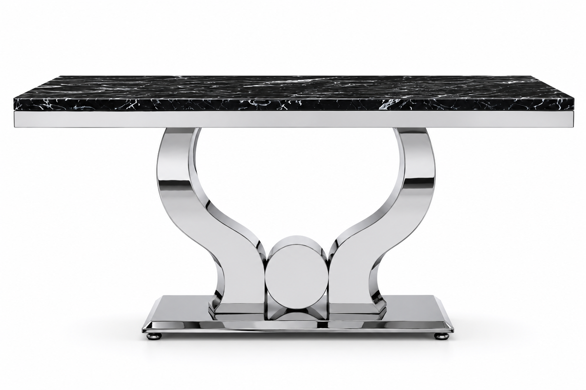 Table à manger TROFY 4 à 6 personnes 150x90 cm chrome plateau en verre effet marbré noir
