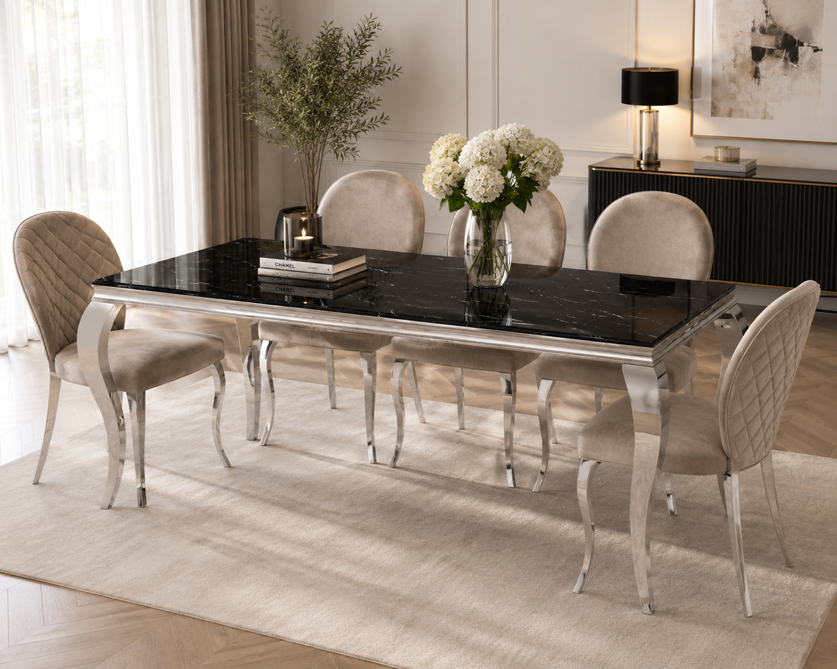 Table à manger BAROQUE 4 à 6 couverts pieds chrome plateau en verre 150x90 cm effet marbré noir