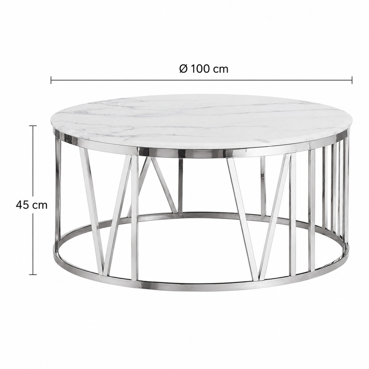 Table Basse ATMOS Ronde Plateau Verre Trempé Marbré Blanc Pieds Chrome D100x45cm
