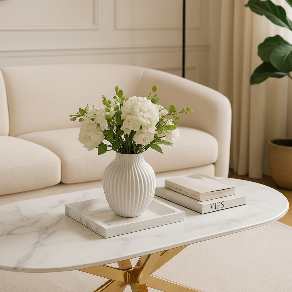 Table basse MANON Gold & Céramique Marbre Blanc 120x60 cm