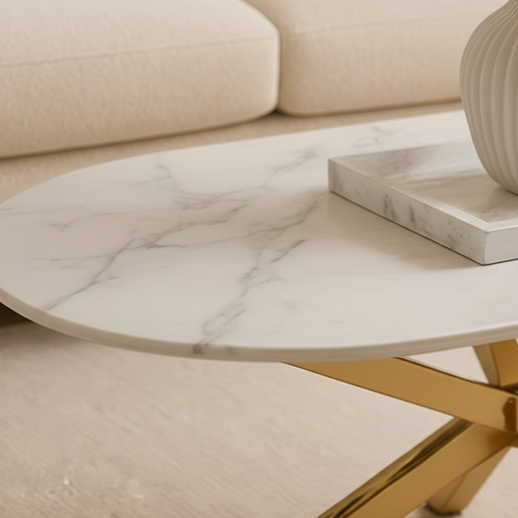 Table basse MANON Gold & Céramique Marbre Blanc 120x60 cm