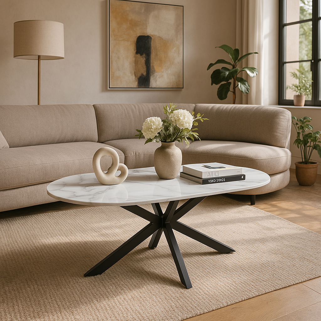 Table basse MANON Métal Noir & Céramique Marbre Blanc 120x60 cm