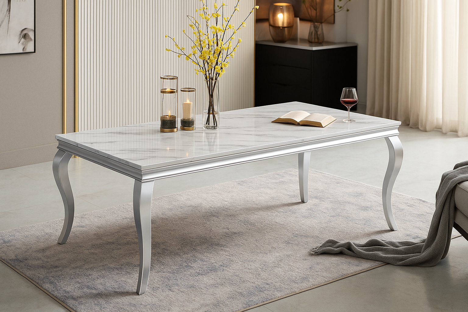 Table à manger BAROQUE 6 à 8 couverts pieds chrome plateau en verre 180x90 cm effet marbré blanc