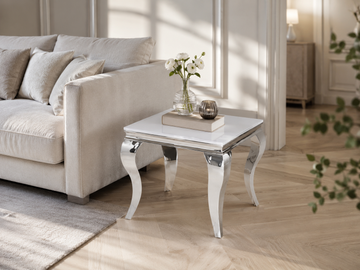 Guéridon BAROQUE – Chrome & Blanc – 55x55x55 cm #couleur_blanc