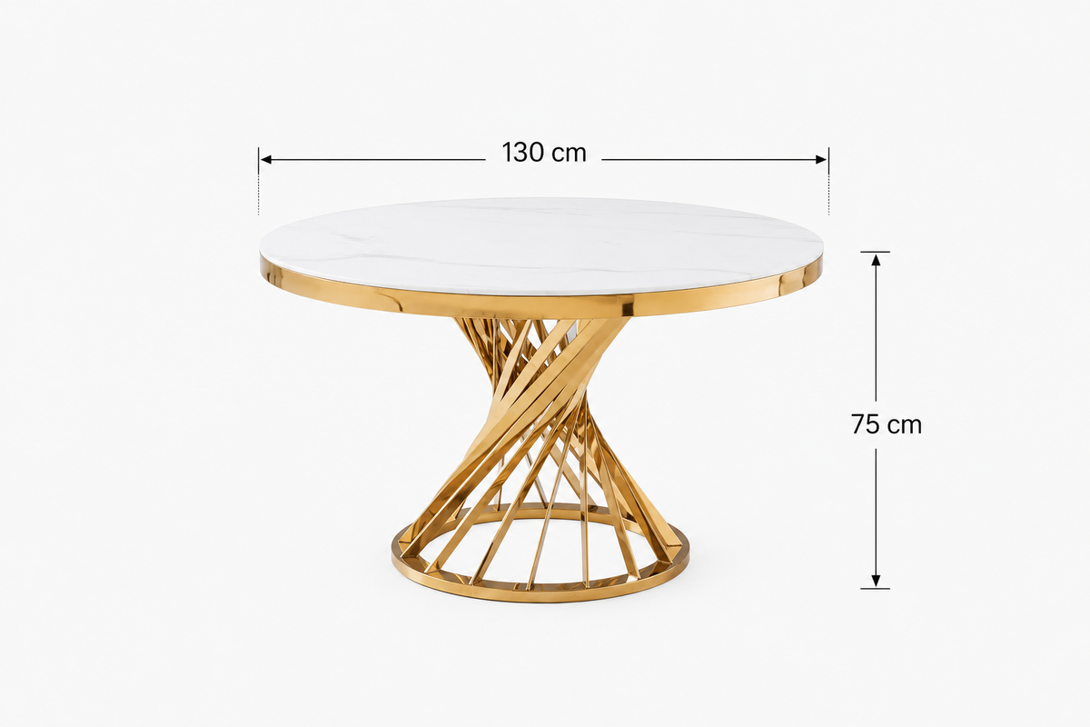 Table à manger ronde en verre trempé effet marbre blanc Gold - NAUTILUS