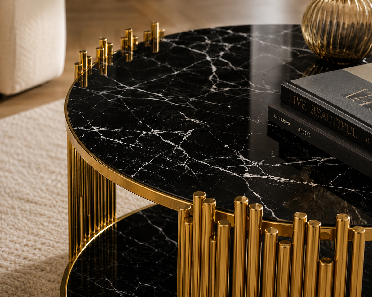 Table Basse ronde STICK Gold et plateau en verre MARBRE NOIR D90 H45 cm