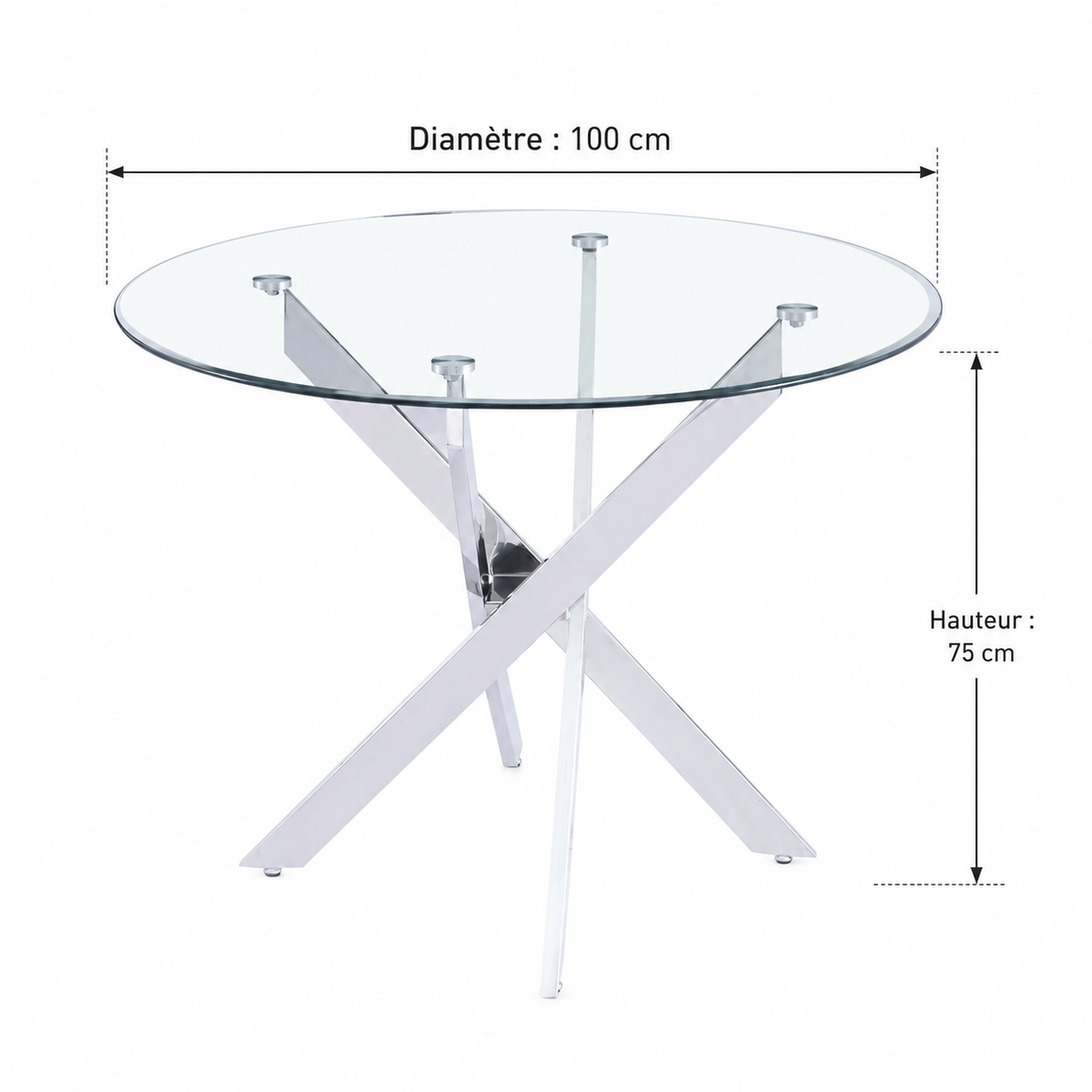Table à manger ronde JESSICA TRANSPARENT chrome 100 cm 4 couverts
