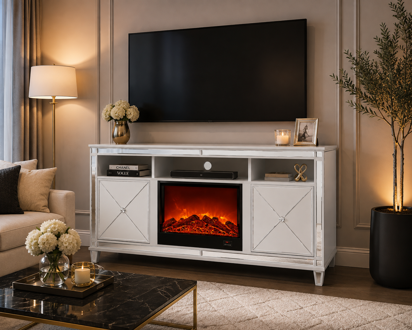 Meuble TV avec Cheminée SPEZIA – 150x40x90 cm – Style Moderne & Confort