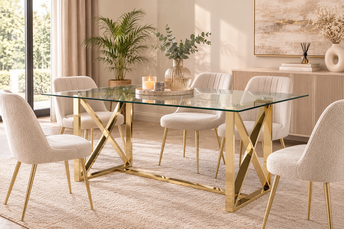 Table à manger verre transparent pied métal doré 180x90 cm KENSY