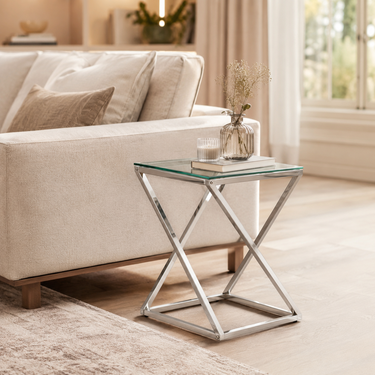 Guéridon BEVERLY – Chrome & Verre transparent – 40x40x55 cm #couleur_transparent