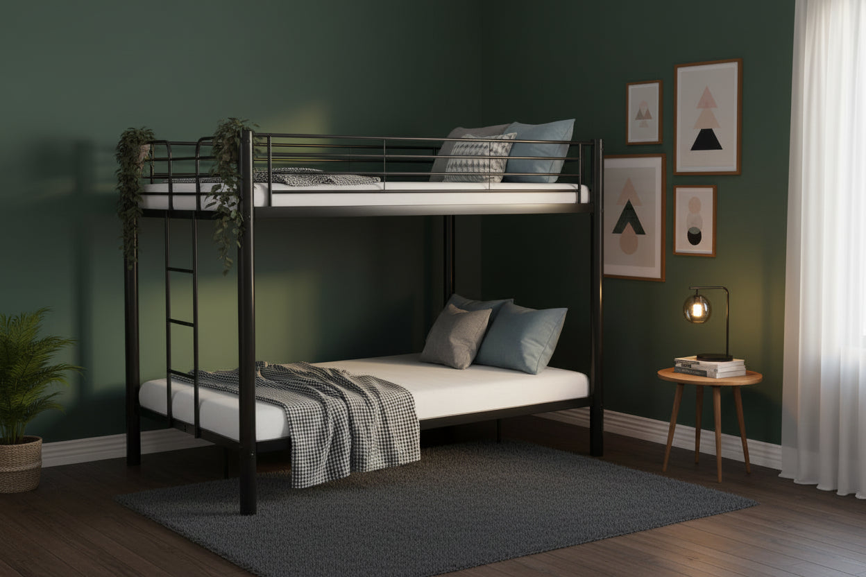 Pack Lit superposé en métal noir + matelas compris 4 places 140x190 cm sommier inclus COLOSSE