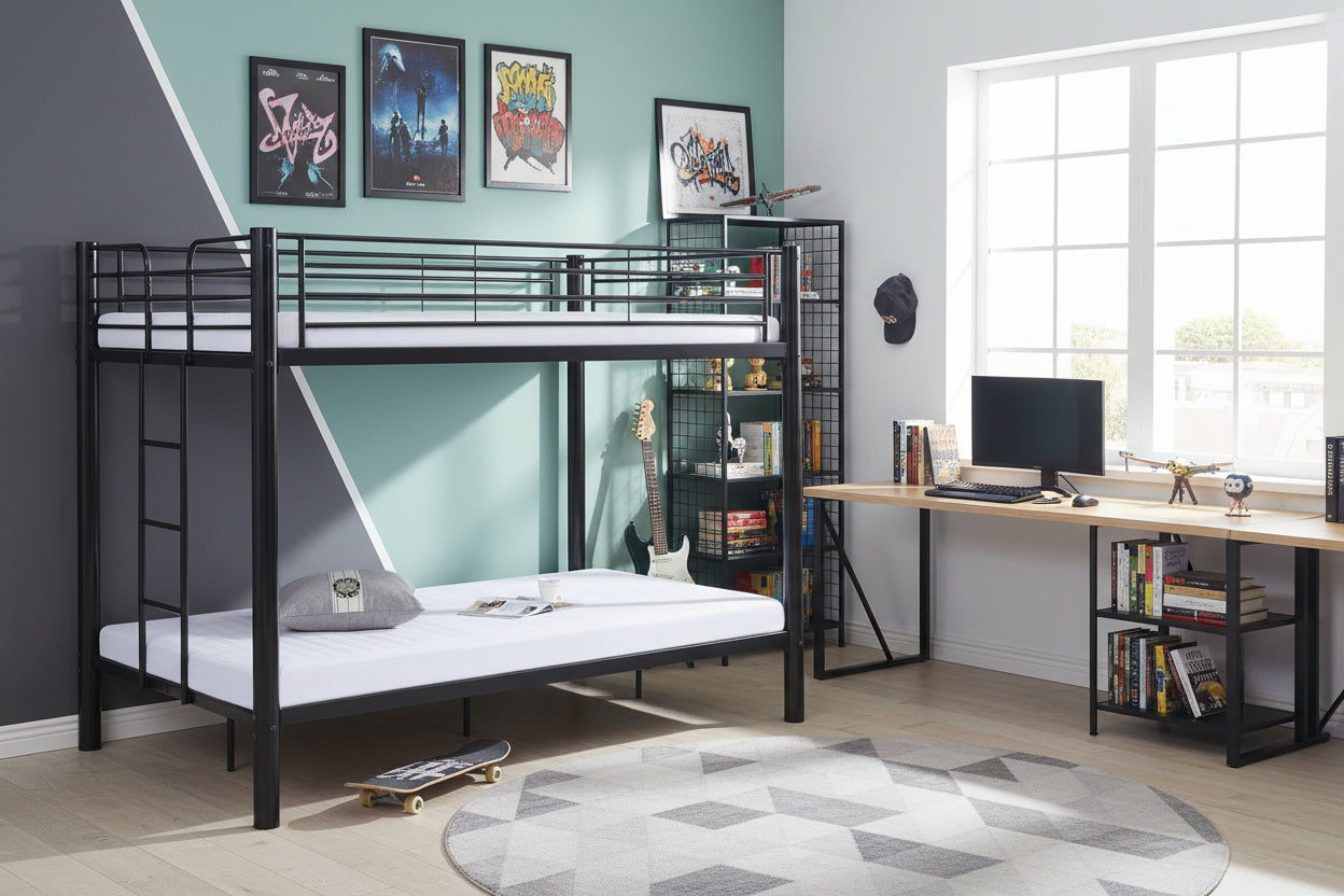 Pack Lit superposé en métal noir + matelas compris 4 places 140x190 cm sommier inclus COLOSSE