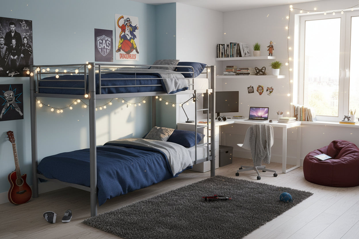 Lit superposé métal gris 4 places 140x190 cm + matelas et sommier inclus  COLOSSE