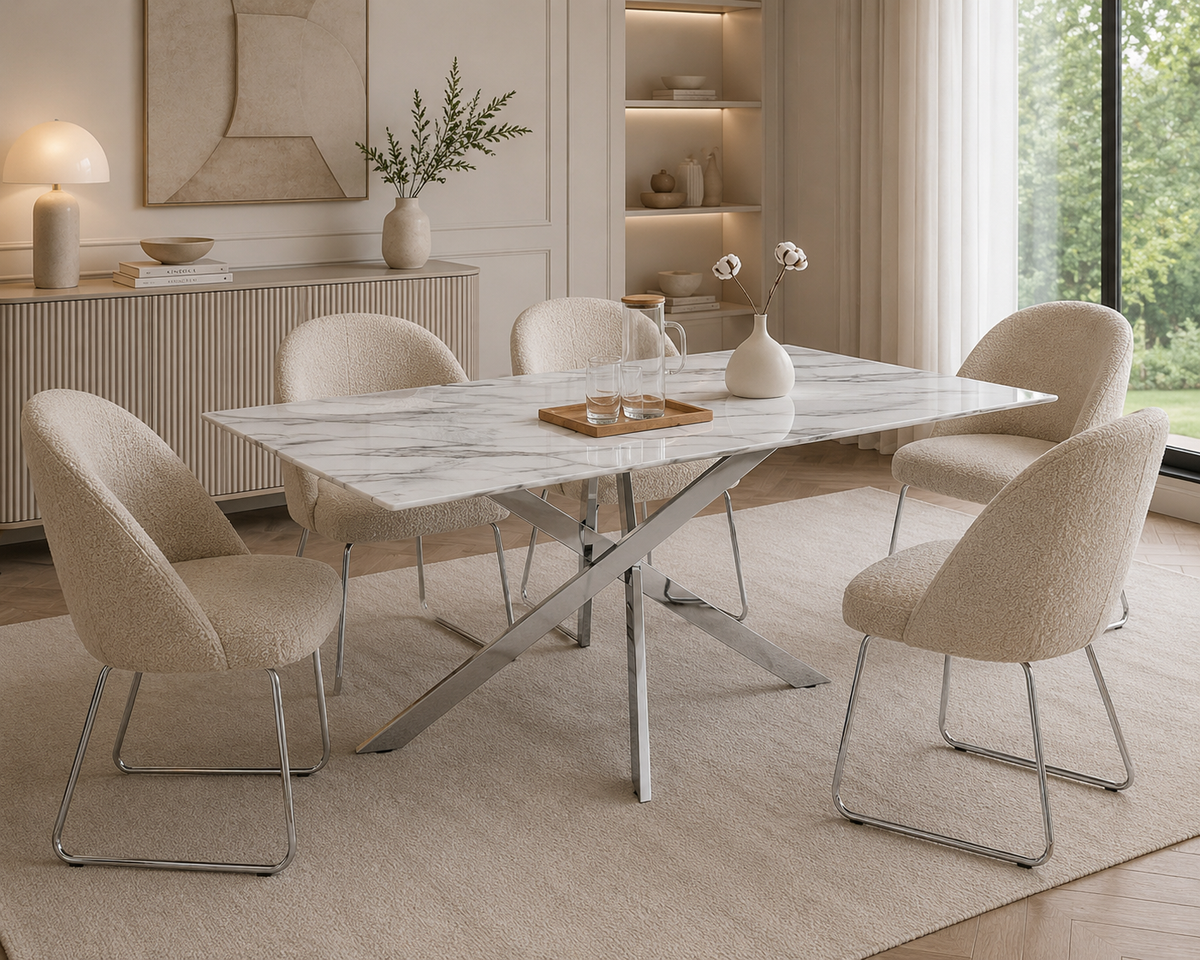 Table Repas JESSICA Chrome et plateau en verre 150 cm 4 à 6 couverts effet marbré blanc