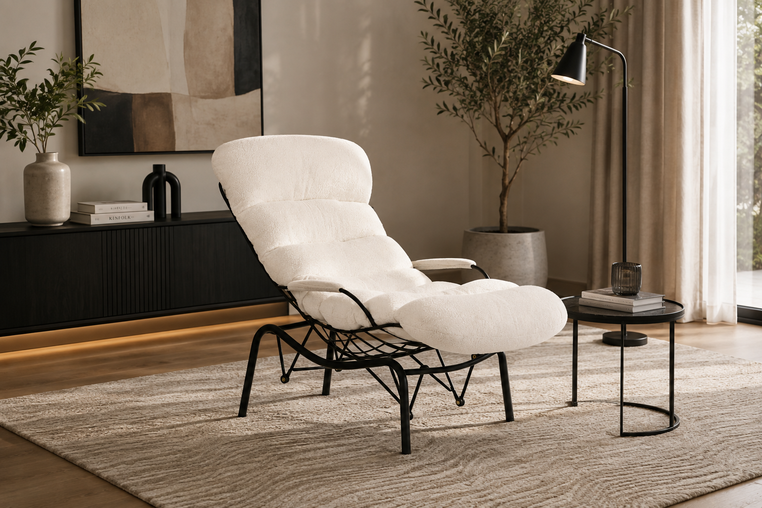 Fauteuil MONICA métal noir doudou blanc 81x118x101 cm #couleur_blanc