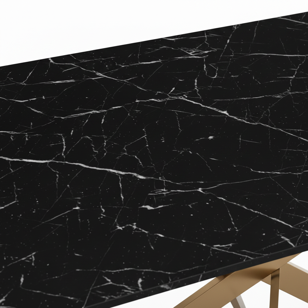 Table Repas JESSICA Gold et plateau en verre 150 cm 4 à 6 couverts - Effet marbré noir