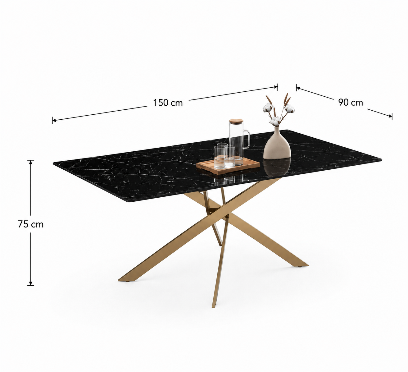 Table Repas JESSICA Gold et plateau en verre 150 cm 4 à 6 couverts - Effet marbré noir