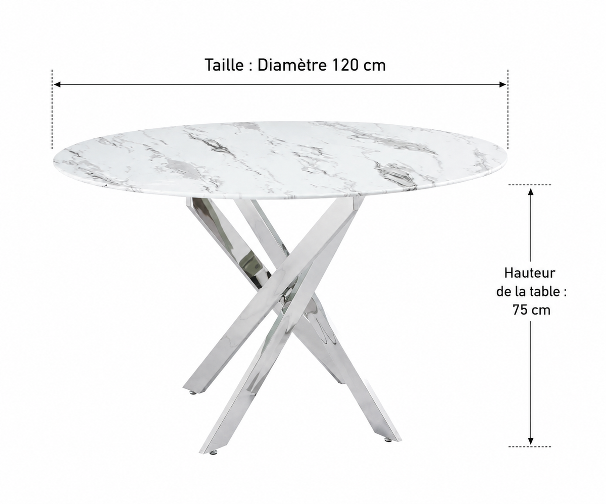 Table a manger ronde JESSICA chrome XXL 120 cm 4 couverts #couleur_marbré-blanc