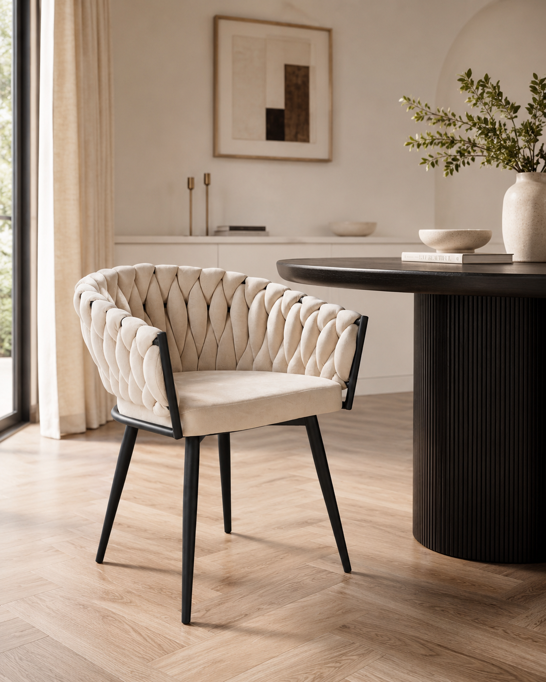 Lot de 2 chaises TRESSEES Velours Pied en métal noir - Beige