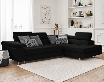 Canapé d’Angle Convertible TOULOUSE Noir avec COFFRE de rangement – Angle Gauche – Velours – 275x202 cm
