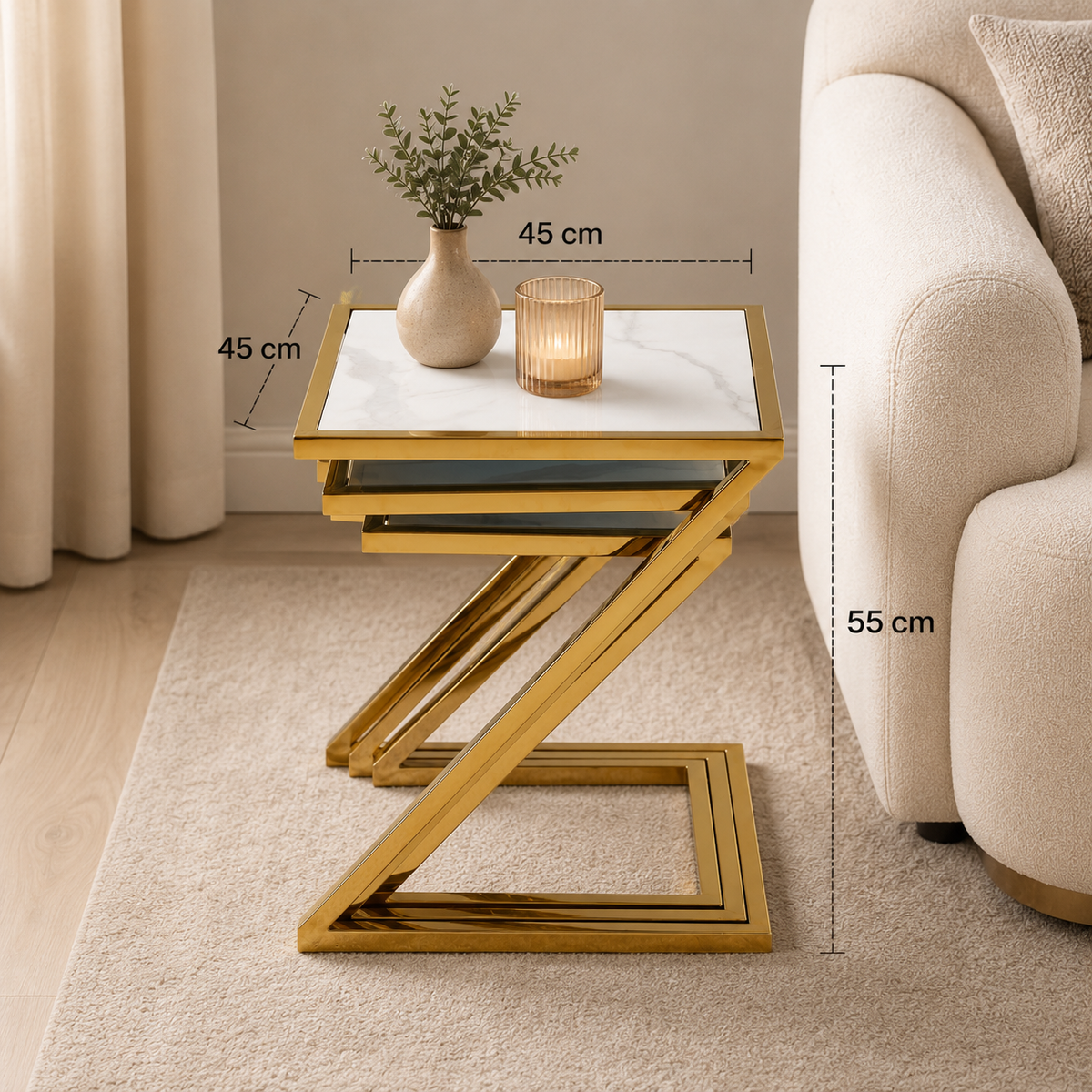 Guéridon Gigogne Z Gold & Céramique Marbre Blanc – 45x45 / 40x40 / 35x35 cm