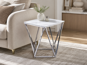 Bout de Canapé ALINA Chrome & Marbre Blanc – 50x50x56 cm #couleur_marbre_blanc