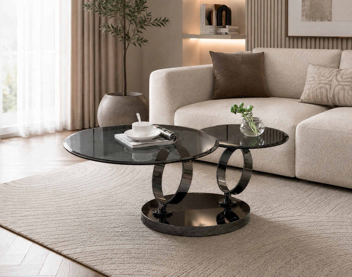 Table basse double plateau rotatif verre fumé structure métal noir Ø 80 cm