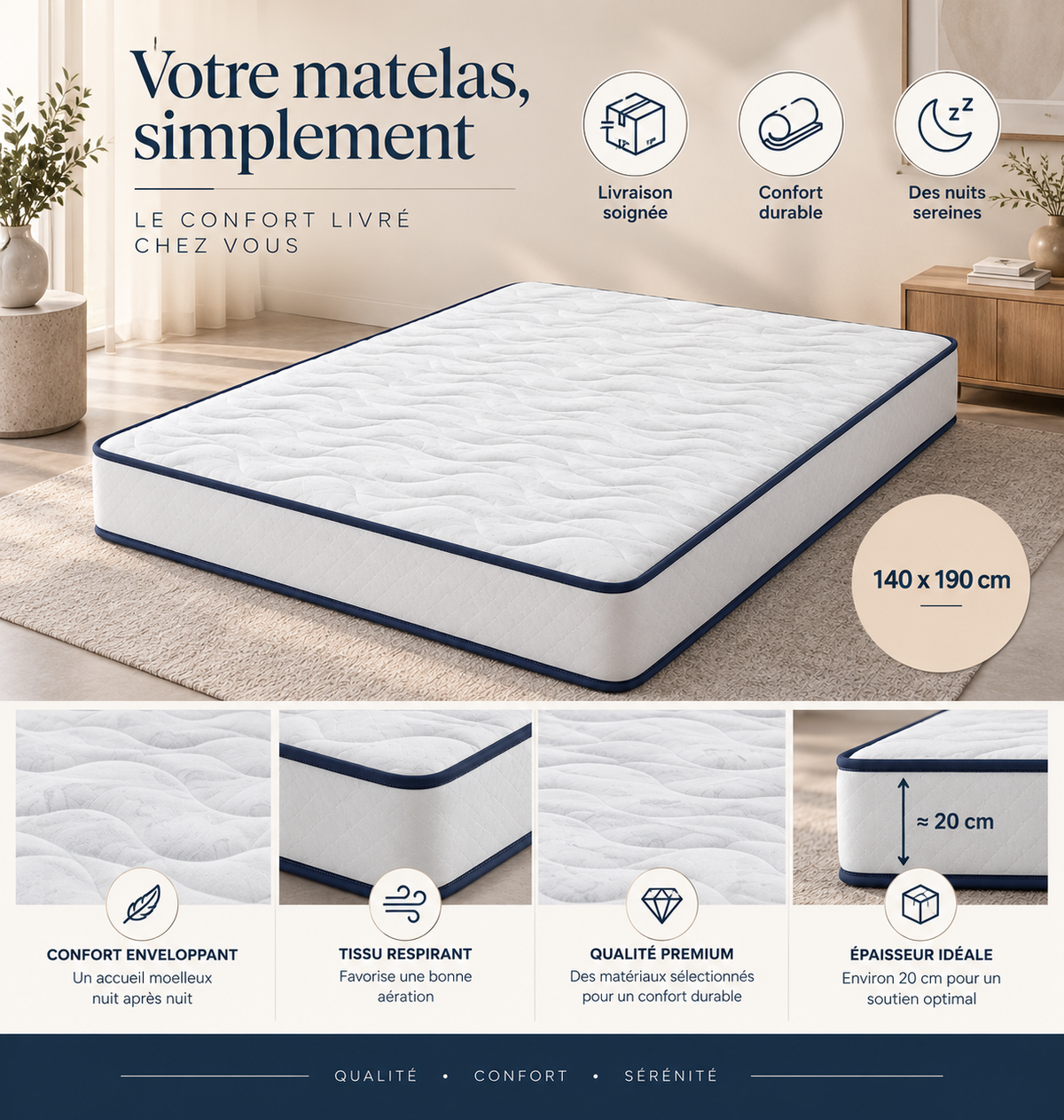 Matelas Mousse PALAZIO 140x190 cm - Recyclé et Durable