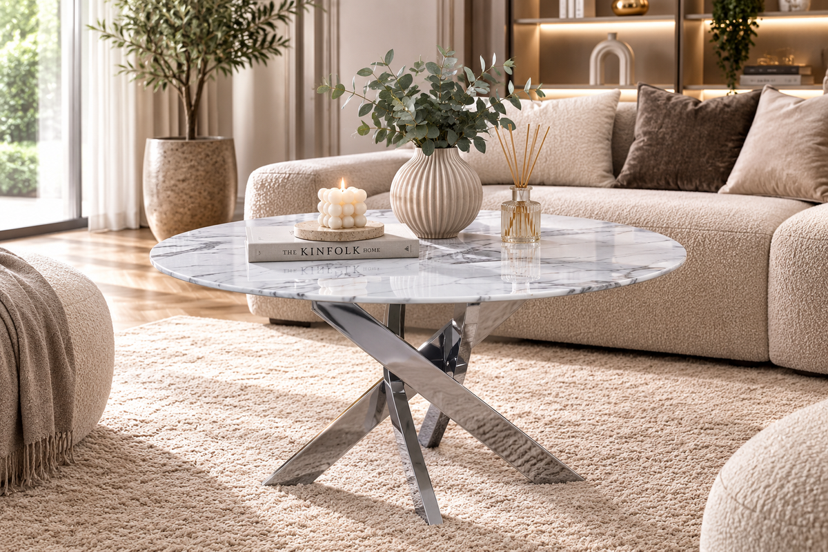 Table basse ronde JESSY pieds chrome et plateau en verre MARBRE BLANC 80 cm