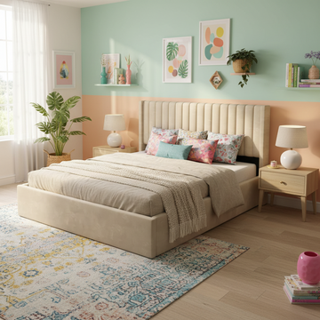 Lit coffre 160x200 – Velours Beige | Sommier Inclus
