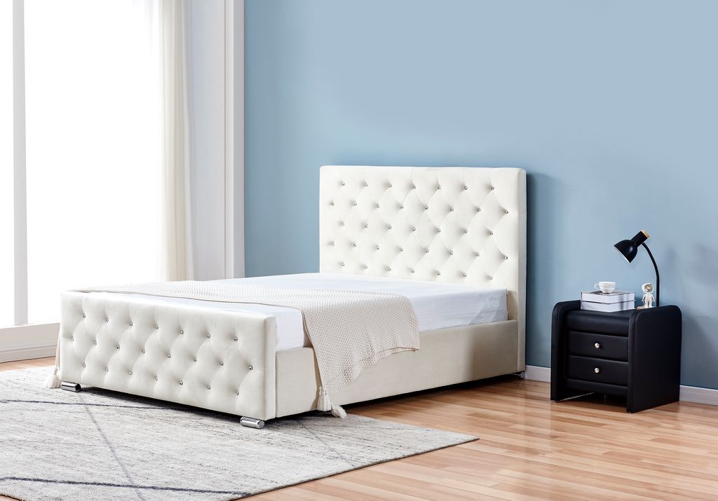 Lit PRESTIGE 2 places 140x190 cm velours blanc cassé sommier inclus