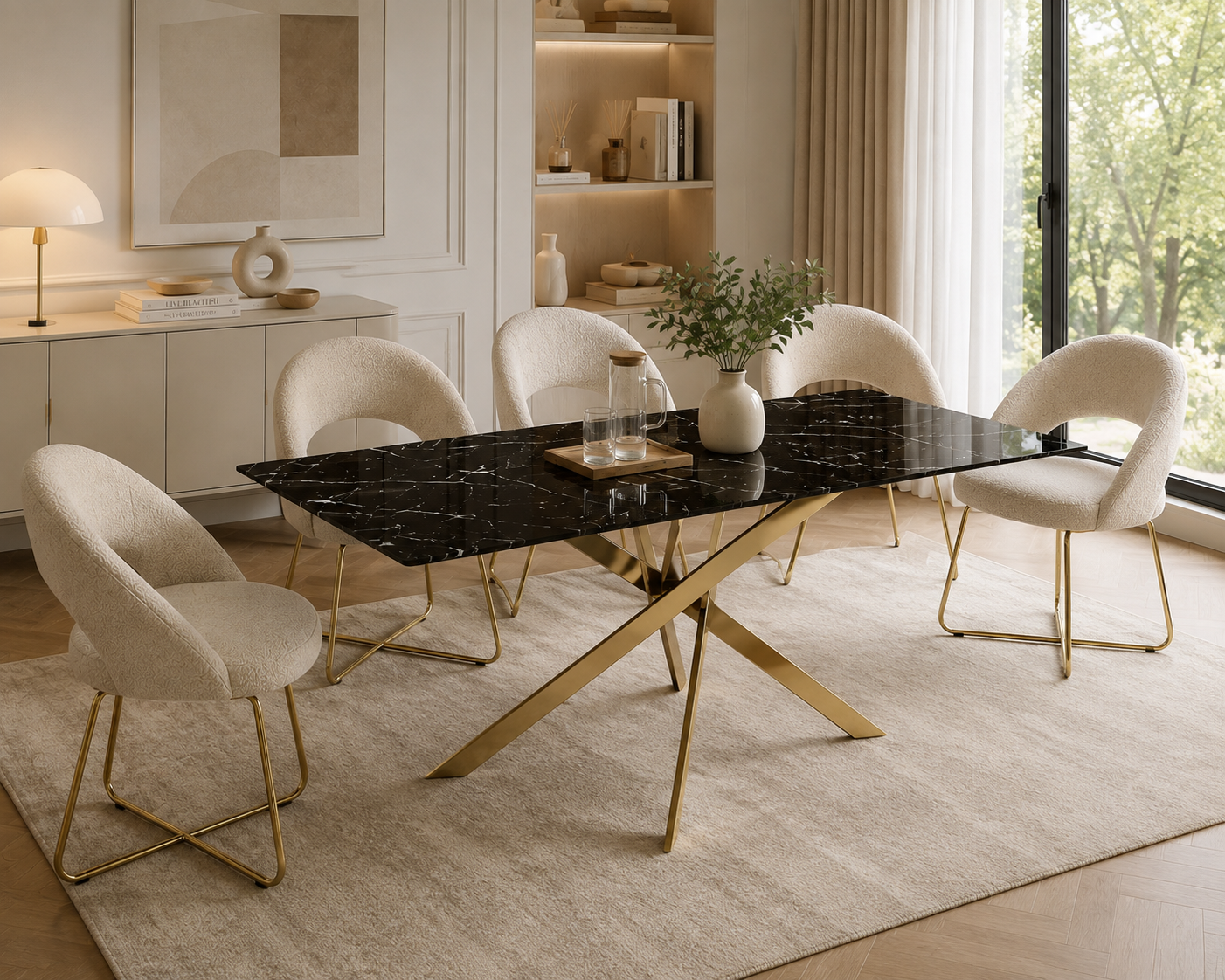 Table Repas JESSICA XXL Gold et plateau en verre MARBRE NOIR 180 cm 6 à 8 couverts