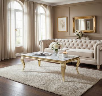 Table basse BAROQUE Gold 120x60x45 cm - Plateau Marbré blanc