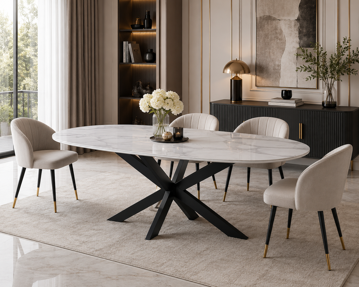 Table à Manger MANON – 200x90 cm – Céramique Marbre Blanc & Pied Métal Noir