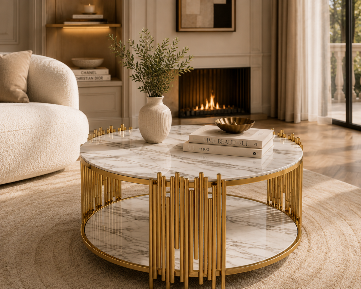 Table Basse ronde STICK Gold et plateau en verre MARBRE BLANC D90 H45 cm
