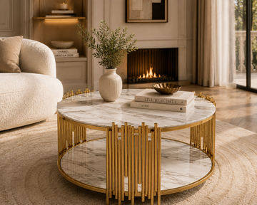 Table Basse ronde STICK Gold et plateau en verre MARBRE BLANC D90 H45 cm