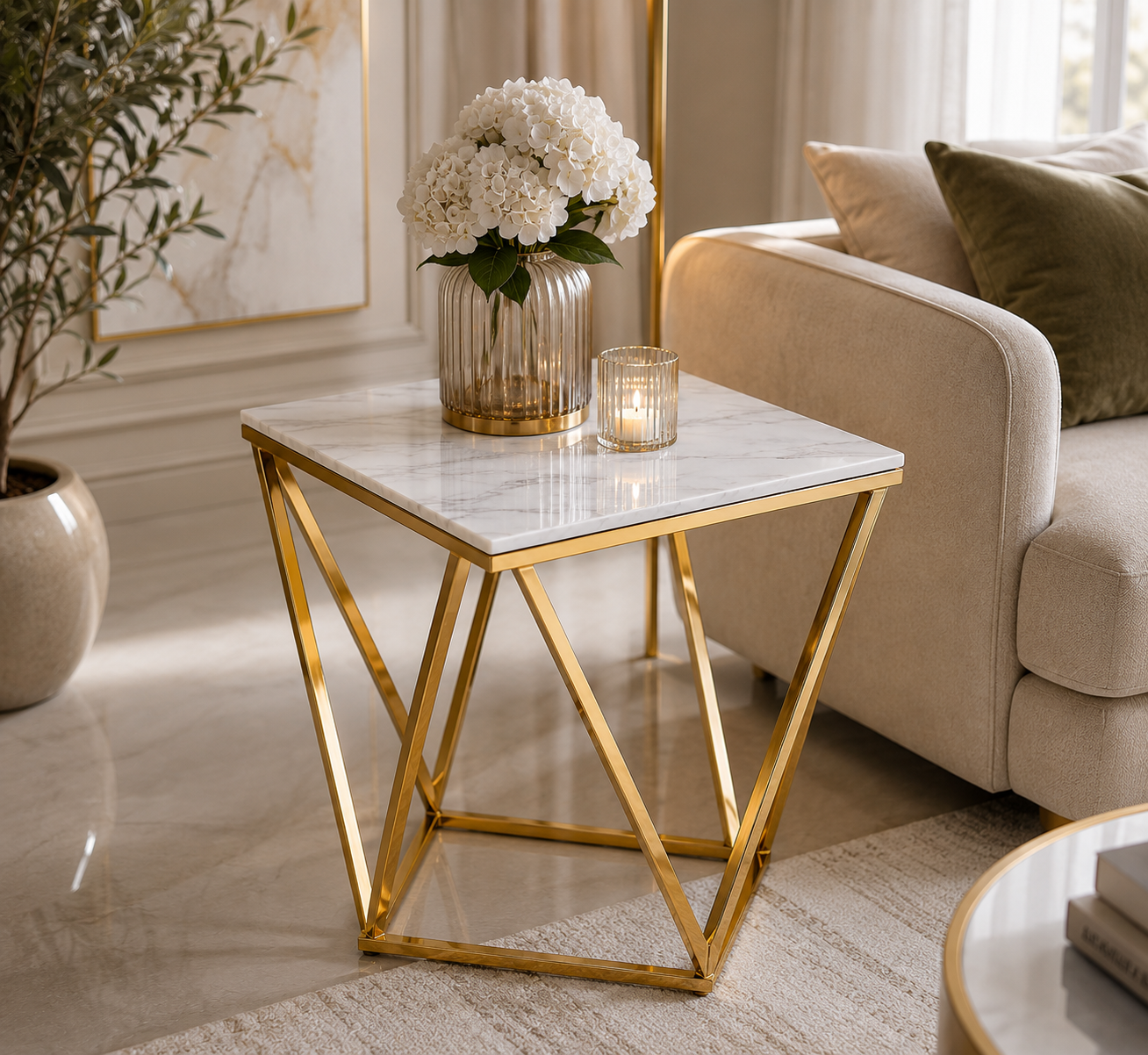 Bout de Canapé ALINA Gold & Marbre Blanc – 50x50x56 cm #couleur_marbre_blanc